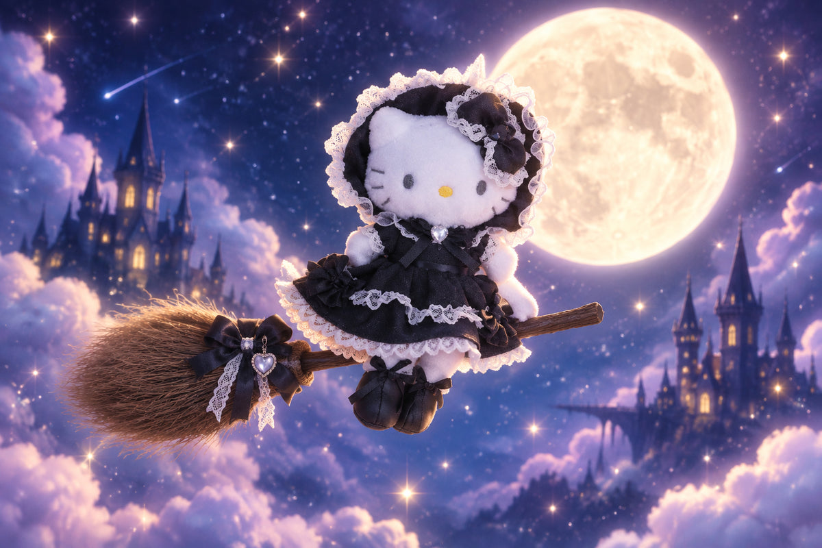 Spooky cute Hello Kitty black lolita plushie keychain riding a flying broomstick against a starry night full moon.
